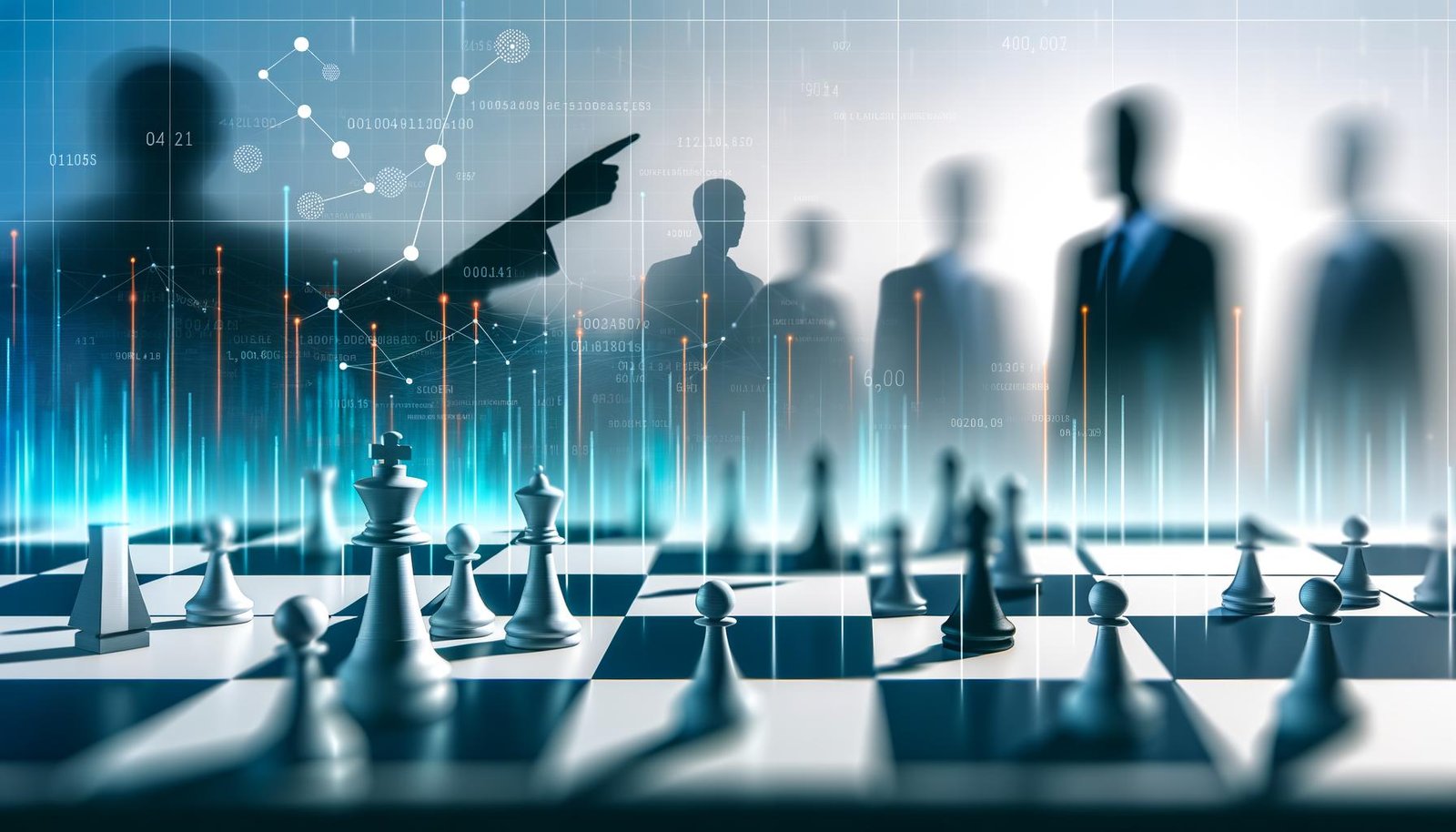 Moderne Titelgrafik mit Schachbrett, Datapunkte-Figuren, digitalen Datenströmen und Geschäftsleuten vor digitalen Dashboards in kühlen Blautönen mit leuchtendem Orange.