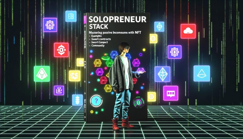 Geschlechtsneutrale, urban gekleidete Person vor schwebendem digitalen Dashboard mit NFT-Kunst, Blockchain- und Community-Symbolen auf dunklem, neonfarbenem Matrix-Hintergrund eines Magazin-Covers.