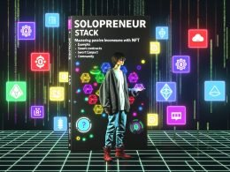 Geschlechtsneutrale, urban gekleidete Person vor schwebendem digitalen Dashboard mit NFT-Kunst, Blockchain- und Community-Symbolen auf dunklem, neonfarbenem Matrix-Hintergrund eines Magazin-Covers.