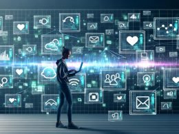 Hyperrealistische Grafik einer Person mit Laptop vor transparenten Social-Media-Layern (Instagram, X, TikTok, LinkedIn, Facebook), umgeben von Datensymbolen und einer aufsteigenden Datenkurve.