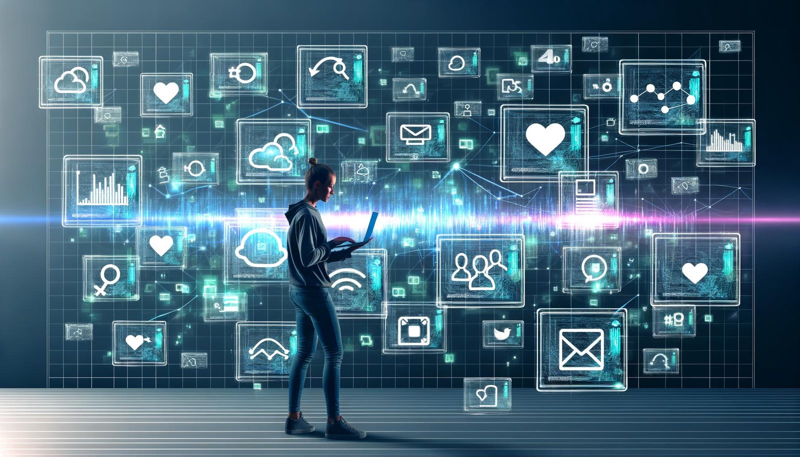 Hyperrealistische Grafik einer Person mit Laptop vor transparenten Social-Media-Layern (Instagram, X, TikTok, LinkedIn, Facebook), umgeben von Datensymbolen und einer aufsteigenden Datenkurve.