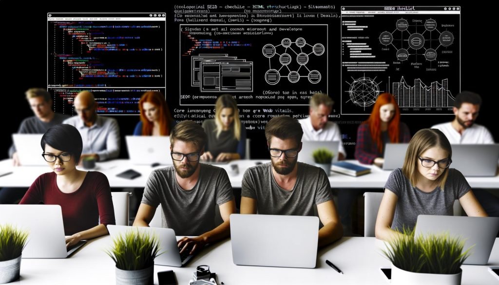 Entwicklerteam arbeitet konzentriert an Laptops mit technischen Whiteboards voller SEO-Checklisten, Code, Sitemaps und Performance-Daten in modernem Büro