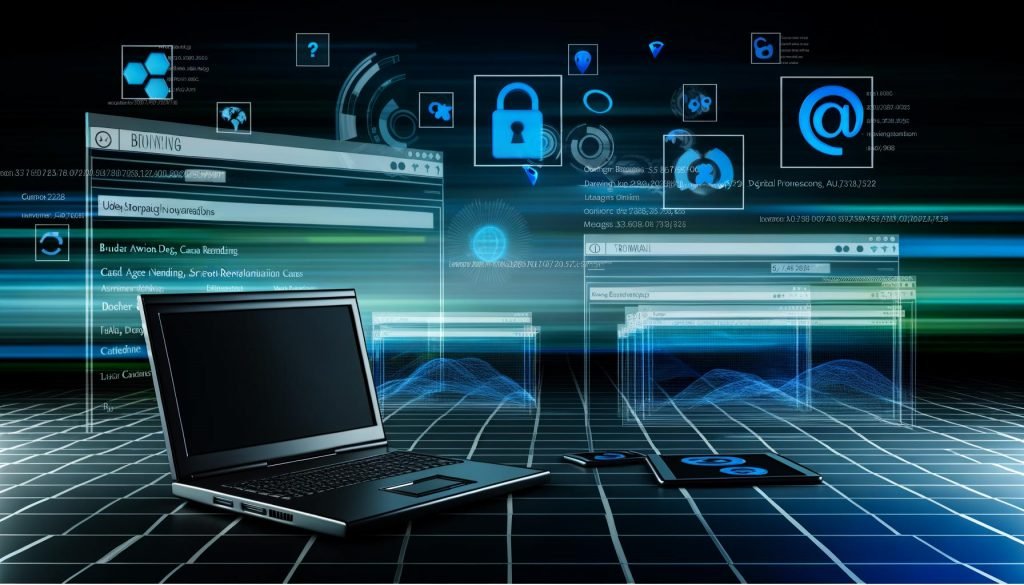 Schlanker Laptop mit Datenströmen auf dem Bildschirm, umgeben von schwebenden Browser-Fenstern unterschiedlichster Geräte mit technischen Parametern und Datenschutzsymbolen im Hintergrund, futuristisch inszeniert.