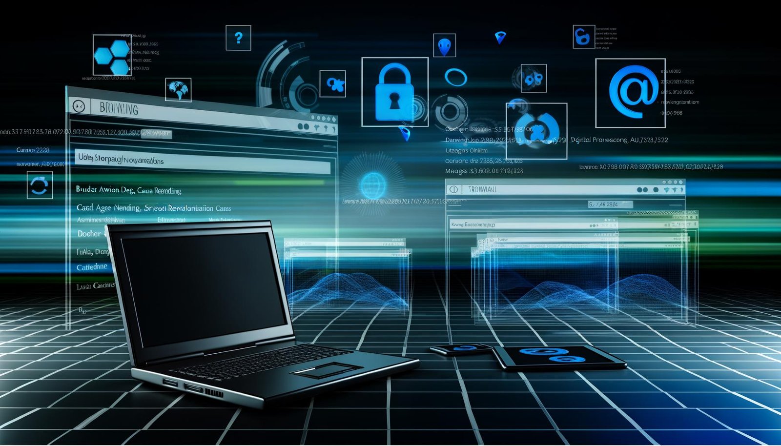 Schlanker Laptop mit Datenströmen auf dem Bildschirm, umgeben von schwebenden Browser-Fenstern unterschiedlichster Geräte mit technischen Parametern und Datenschutzsymbolen im Hintergrund, futuristisch inszeniert.