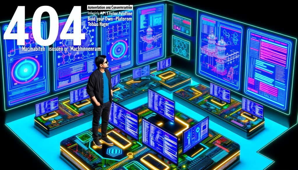 Business-Casual-Automatisierungsprofi arbeitet in einem isometrischen Maschinenraum an Make.com-Integration mit leuchtenden Monitoren voller JSON-Blueprints und API-Flowcharts.