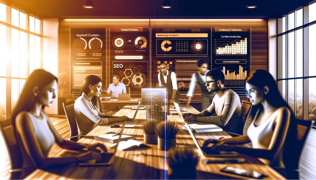 Dynamische Content-Marketing-Arbeitsgruppe arbeitet an Laptops und Monitoren mit digitalem Dashboard voller Keyword-Cluster, SEO-Analysen und Aufgabenmanagement in einem modernen, warm beleuchteten Büro.