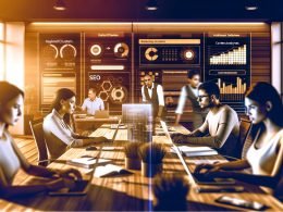 Dynamische Content-Marketing-Arbeitsgruppe arbeitet an Laptops und Monitoren mit digitalem Dashboard voller Keyword-Cluster, SEO-Analysen und Aufgabenmanagement in einem modernen, warm beleuchteten Büro.