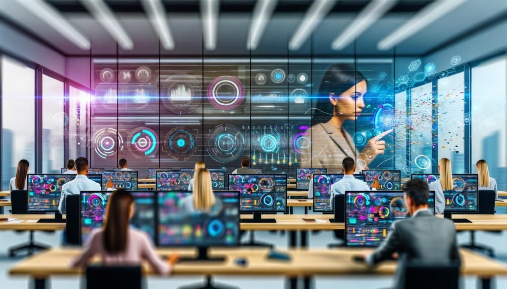 Marketer in einem modernen Büro betrachten leuchtende Dashboards und Datenvisualisierungen, während eine Frau ein Machine Learning Interface analysiert und eine holographische KI-Visualisierung zu sehen ist.