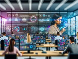 Marketer in einem modernen Büro betrachten leuchtende Dashboards und Datenvisualisierungen, während eine Frau ein Machine Learning Interface analysiert und eine holographische KI-Visualisierung zu sehen ist.