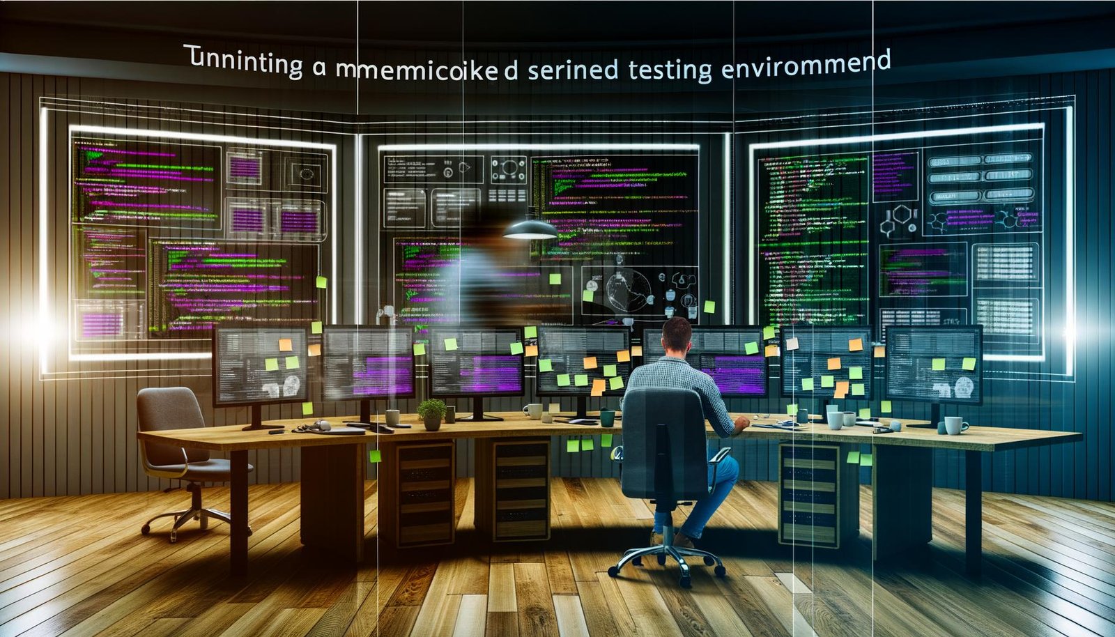 SEO-Experte arbeitet in modernem Kontrollraum an mehreren Monitoren mit Analytics-Dashboards, Code und Serverdaten, umgeben von Notizen, Laptops und Kollegen im Hintergrund.