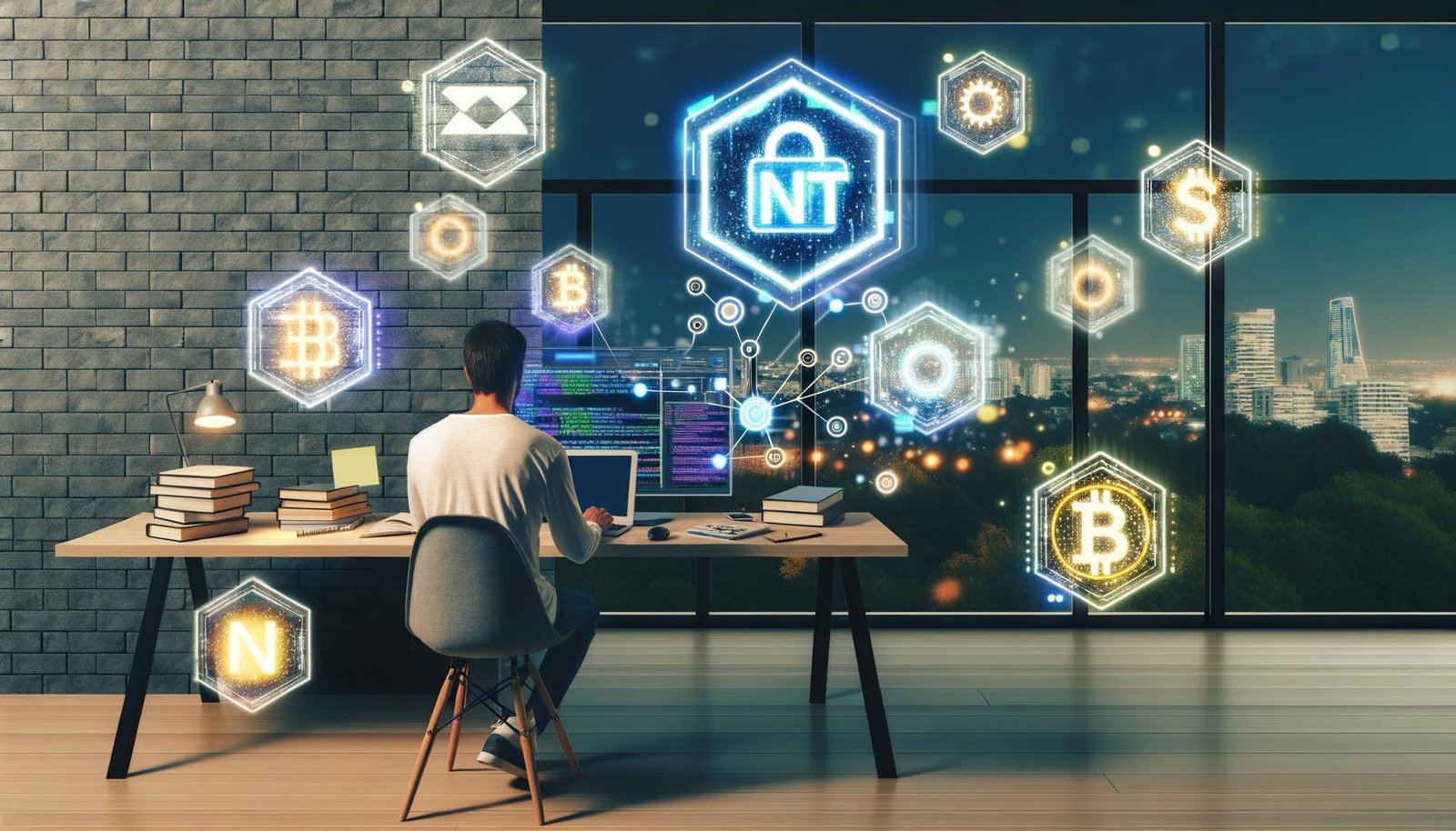 Solopreneur arbeitet an Laptop mit NFT-Marktplatz, umgeben von leuchtenden NFT-Symbolen, Wallet-Icons und Smart Contracts, Blick auf moderne Stadt durch große Fensterfront, Blockchain-Bücher am Schreibtisch.