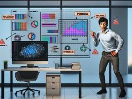 Moderner Büroraum mit Data Scientist, der auf Bildschirm mit Machine Learning Modell und warnenden Statistiken zeigt