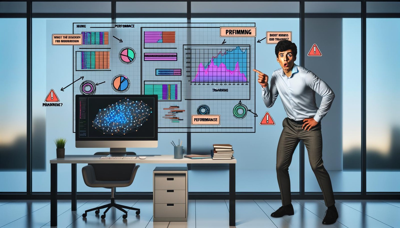 Moderner Büroraum mit Data Scientist, der auf Bildschirm mit Machine Learning Modell und warnenden Statistiken zeigt