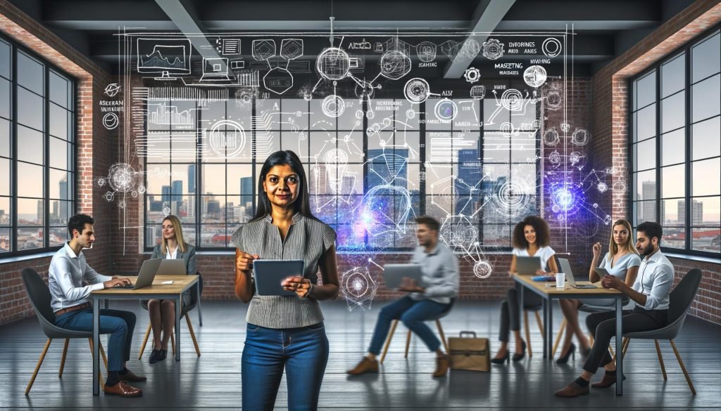 Marketing-Managerin mit Tablet vor digitaler Tafel mit KI-Algorithmen, umgeben von Team mit Laptops in modernem Loft-Büro, große Fenster und urbane Skyline im Hintergrund