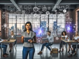 Marketing-Managerin mit Tablet vor digitaler Tafel mit KI-Algorithmen, umgeben von Team mit Laptops in modernem Loft-Büro, große Fenster und urbane Skyline im Hintergrund