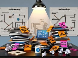 Illustration eines modernen Marketing-Startups mit aufgeklappten Laptops, bunten Post-its, Kaffeetasse mit 404-Logo, halb eingerissenen Werbe-Bannern und klaren technischen Diagrammen im Hintergrund.