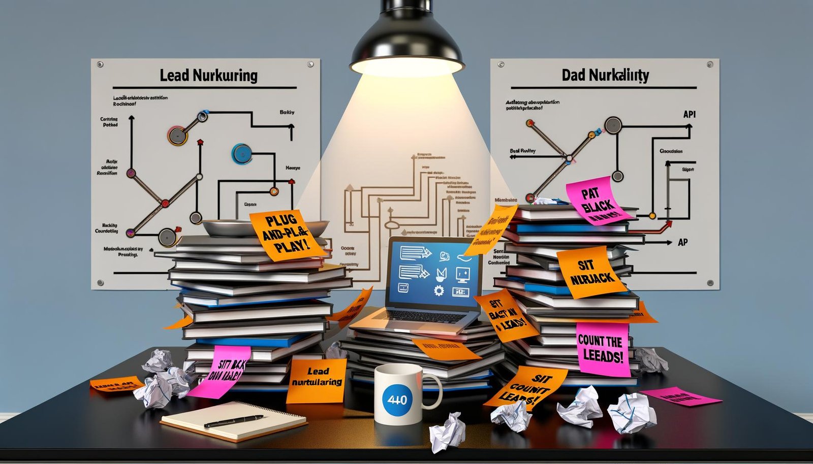 Illustration eines modernen Marketing-Startups mit aufgeklappten Laptops, bunten Post-its, Kaffeetasse mit 404-Logo, halb eingerissenen Werbe-Bannern und klaren technischen Diagrammen im Hintergrund.