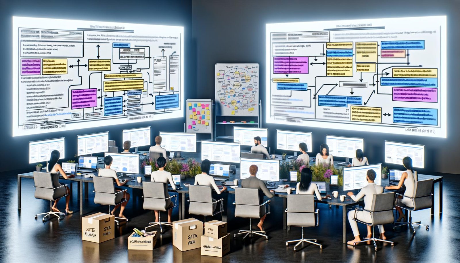 Digitale Fachleute arbeiten im modernen Büro an Website-Migration mit Screens zu SEO-Abläufen, JSON-LD, Metriken und Whiteboard-Notizen zu Structured Data und Google Ranking.