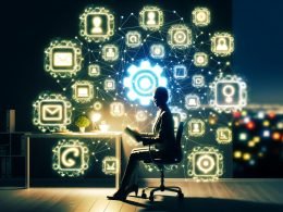 Stylisiertes Home-Office eines Solopreneurs mit leuchtenden, verbundenen App-Icons digitaler Tools und automatisierten Verbindungslinien im Hintergrund