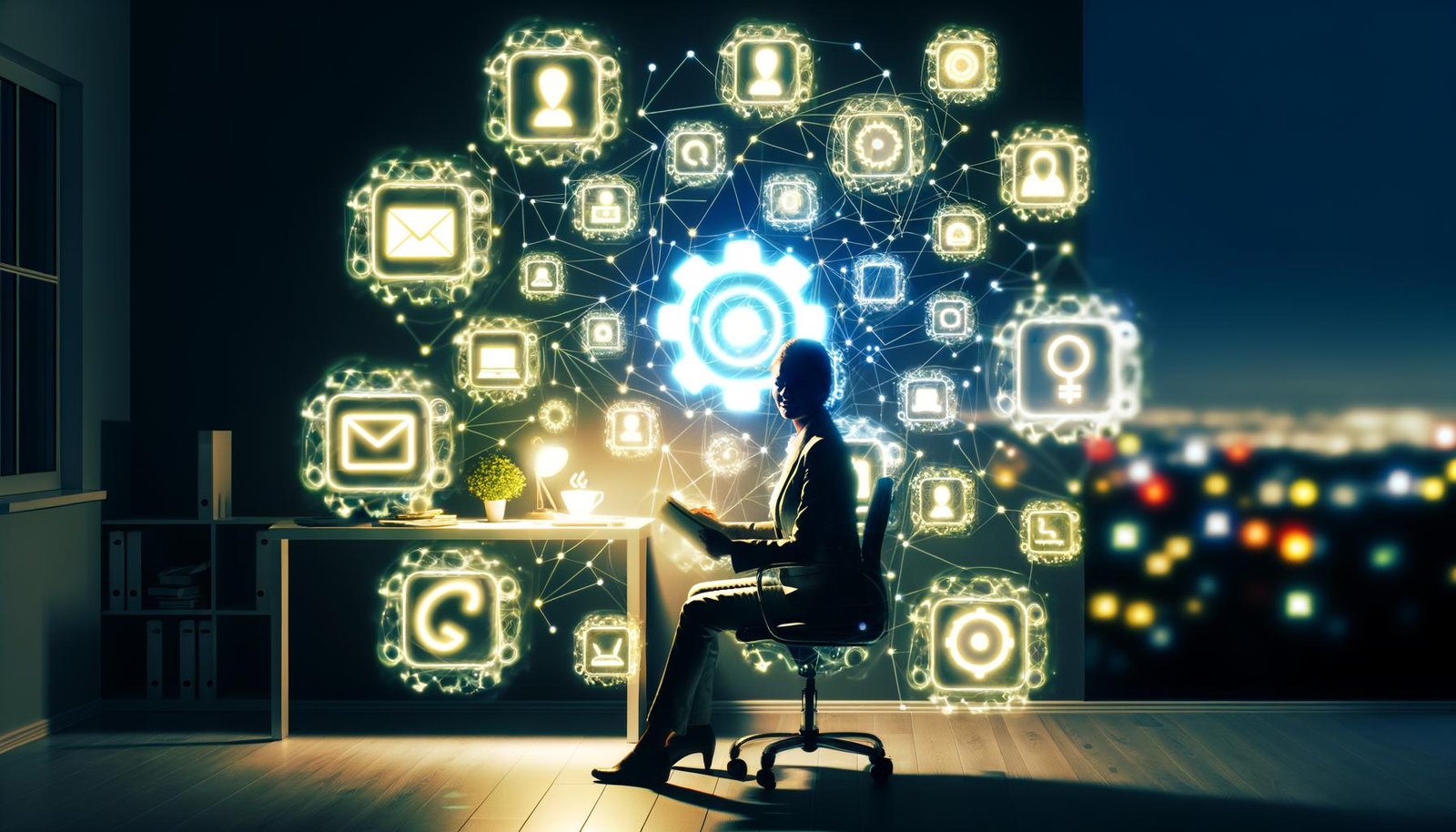 Stylisiertes Home-Office eines Solopreneurs mit leuchtenden, verbundenen App-Icons digitaler Tools und automatisierten Verbindungslinien im Hintergrund