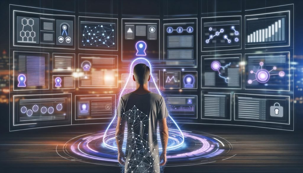 Futuristischer, digitaler Kontrollraum mit mehreren Bildschirmen zur Steuerung von Keyword-Analyse, Redaktionsplanung, Content-Produktion und Performance-Tracking. Im Zentrum sitzt eine Person und überwacht interaktive Datenströme, umgeben von Icons für KI und Automatisierung.