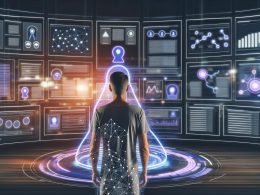 Futuristischer, digitaler Kontrollraum mit mehreren Bildschirmen zur Steuerung von Keyword-Analyse, Redaktionsplanung, Content-Produktion und Performance-Tracking. Im Zentrum sitzt eine Person und überwacht interaktive Datenströme, umgeben von Icons für KI und Automatisierung.