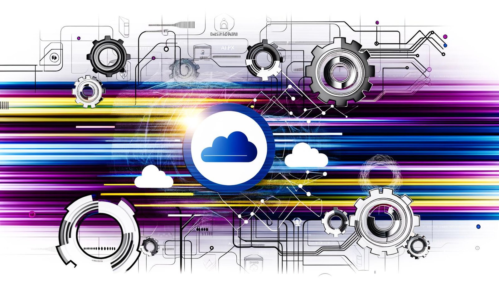 Dynamische Collage aus abstrakten Datenströmen, Linien, Cloud- und Server-Symbolen, zentralem make.com-Logo sowie API-, Zahnrad- und Dashboard-Elementen, in moderner Farbpalette gehalten.