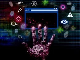 Stilisierte, digitale Collage eines Webbrowsers mit Tracking-Symbolen, Datenströmen und Überwachungsmotiven im futuristischen Stil.