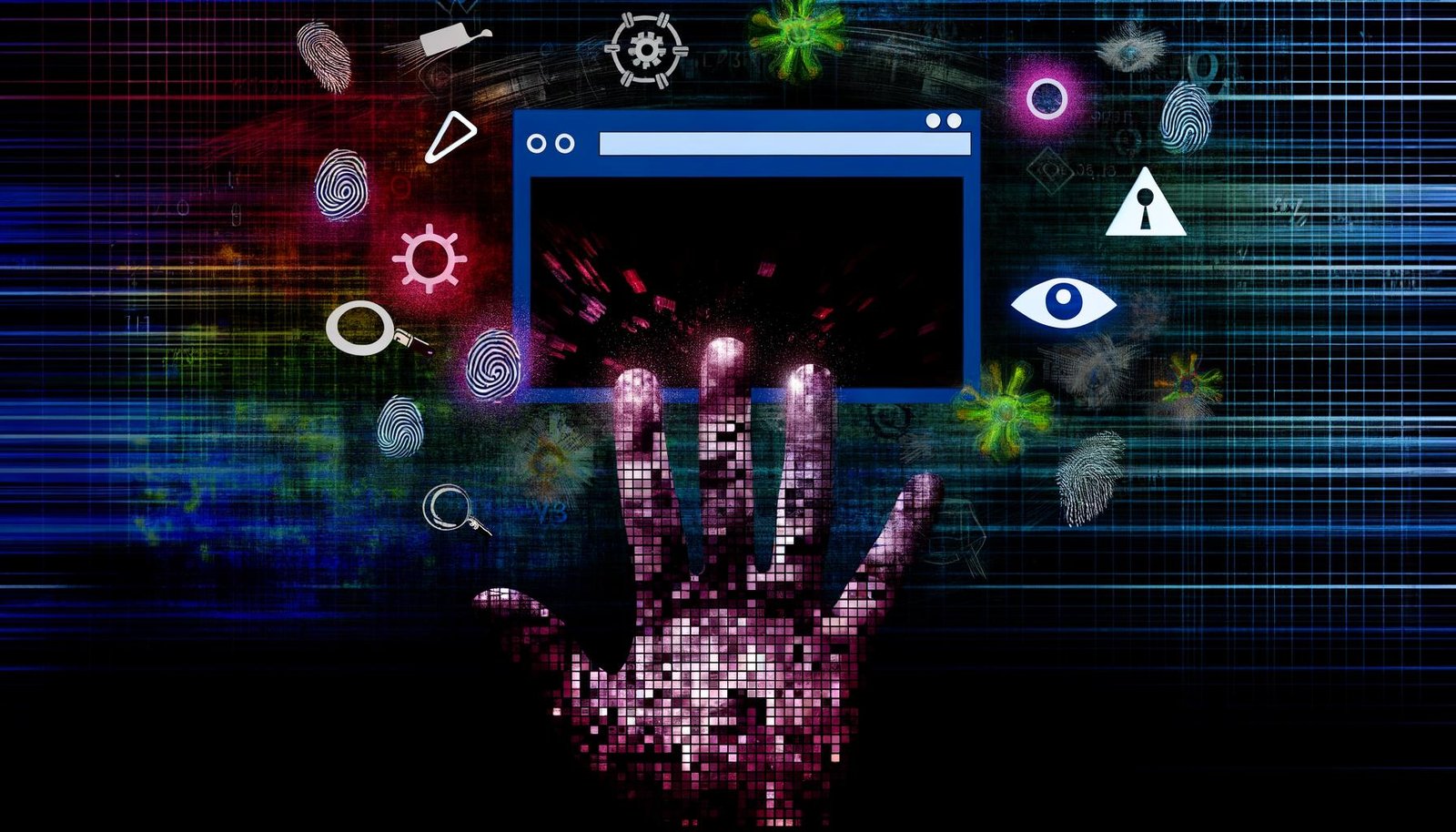 Stilisierte, digitale Collage eines Webbrowsers mit Tracking-Symbolen, Datenströmen und Überwachungsmotiven im futuristischen Stil.