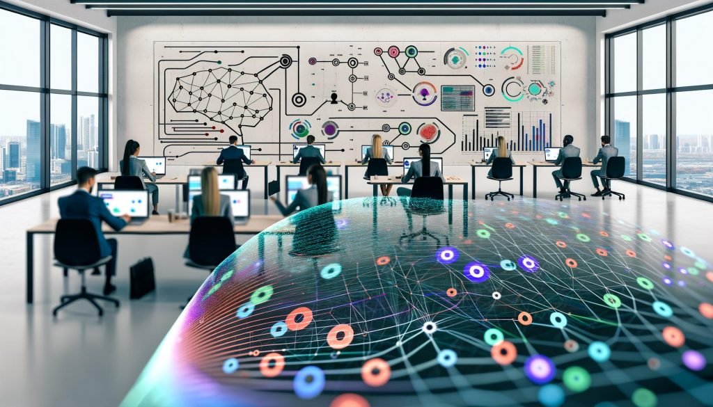 Mehrere Marketing-Experten sitzen in einem klar gestalteten Büro an Laptops und großen Screens. Im Vordergrund sind Datenvisualisierungen mit neuronalen Netzen und Formeln zu sehen. Die Szene ist urban, effizient und realistisch.