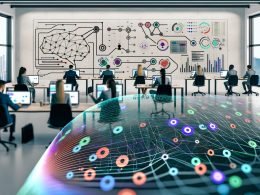 Mehrere Marketing-Experten sitzen in einem klar gestalteten Büro an Laptops und großen Screens. Im Vordergrund sind Datenvisualisierungen mit neuronalen Netzen und Formeln zu sehen. Die Szene ist urban, effizient und realistisch.