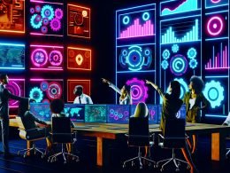 Marketing-Expertinnen und Experten analysieren gemeinsam in einem neonbeleuchteten Kontrollraum digitale Strategien und SEO-Daten auf großen Monitoren.