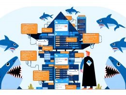 Moderne Editorial-Illustration eines Make.com Kartenhauses mit typischen Fehlermeldungen, umgeben von Cartoon-Haifischen und einer Person mit Schutzschild und Error-Checklist.