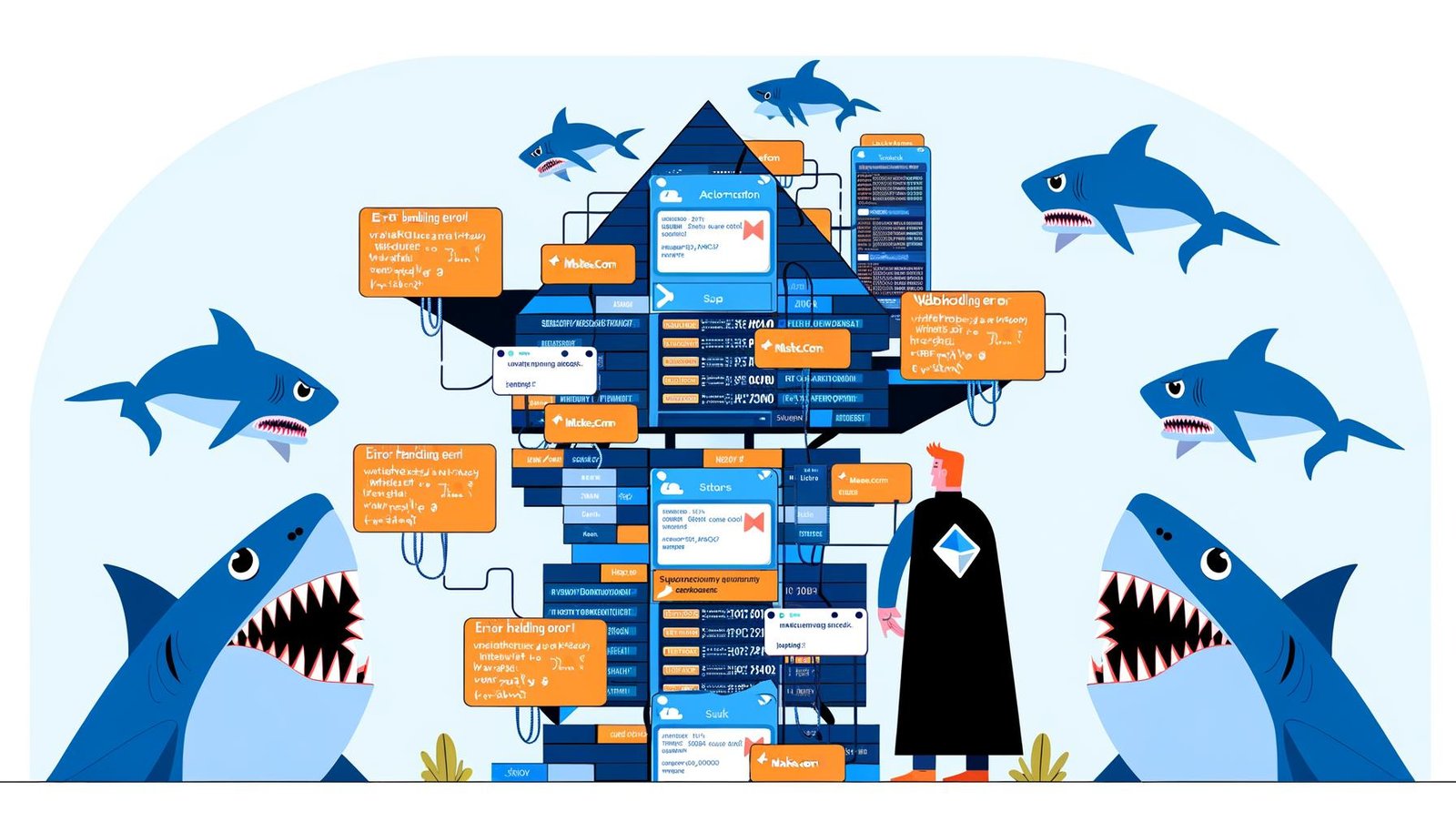 Moderne Editorial-Illustration eines Make.com Kartenhauses mit typischen Fehlermeldungen, umgeben von Cartoon-Haifischen und einer Person mit Schutzschild und Error-Checklist.