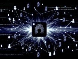 Futuristische Illustration eines dunklen Browsers mit abstrahierten Fingerabdrücken, die als leuchtende Netzwerkströme Nutzer-Silhouetten verbinden. Umgeben von Cyberpunk-Ästhetik, Datenpunkten und Codefragmenten.
