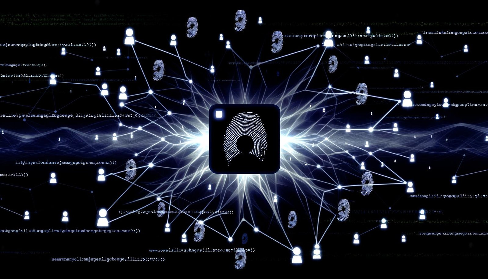 Futuristische Illustration eines dunklen Browsers mit abstrahierten Fingerabdrücken, die als leuchtende Netzwerkströme Nutzer-Silhouetten verbinden. Umgeben von Cyberpunk-Ästhetik, Datenpunkten und Codefragmenten.