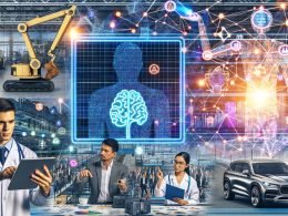 Collage mit KI-Anwendungen in verschiedenen Branchen: Roboter in Fabrik, Arzt mit Tablet und Röntgenbildern, Finanzdaten auf Bildschirm, Marketing-Team vor LED-Screen, autonomes Fahrzeug, Justizia-Figur mit Blockchain-Symbolen und leuchtenden Datenverbindungen.