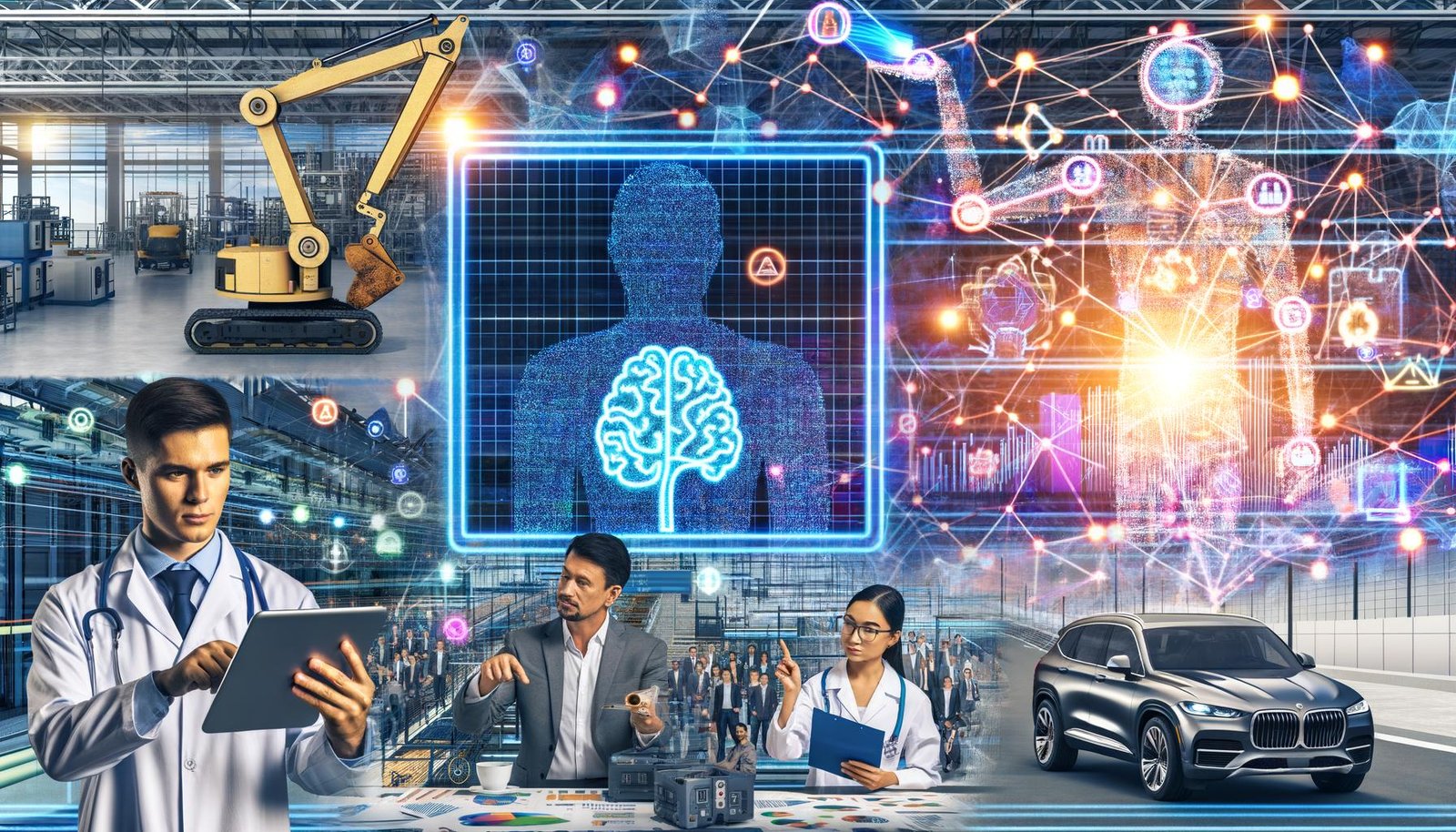 Collage mit KI-Anwendungen in verschiedenen Branchen: Roboter in Fabrik, Arzt mit Tablet und Röntgenbildern, Finanzdaten auf Bildschirm, Marketing-Team vor LED-Screen, autonomes Fahrzeug, Justizia-Figur mit Blockchain-Symbolen und leuchtenden Datenverbindungen.