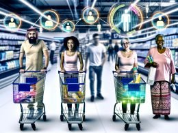 Digitale Illustration von diversen Menschen, die in einem Supermarkt mit Einkaufswagen stehen, darüber schwebende Datenvisualisierungen zu Einkaufsassoziationen und Metriken wie Support, Konfidenz und Lift.