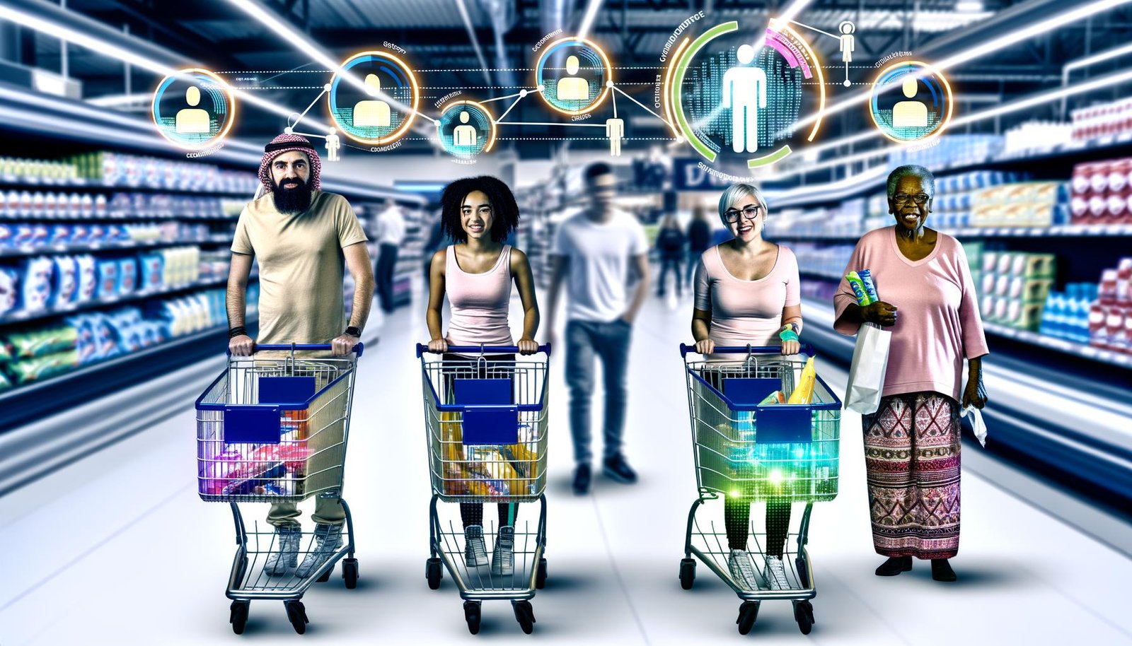 Digitale Illustration von diversen Menschen, die in einem Supermarkt mit Einkaufswagen stehen, darüber schwebende Datenvisualisierungen zu Einkaufsassoziationen und Metriken wie Support, Konfidenz und Lift.