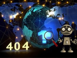 Abstrahierter Googlebot mit Lupe und Augenbrauen steht ratlos vor einem 404-Schild in einer dunklen, stilisierten Serverlandschaft mit global verteilten, leuchtenden Serverknoten und Lichtbahnen. Im Hintergrund sind Erdkontinente durch Netzwerk-Overlay sichtbar.