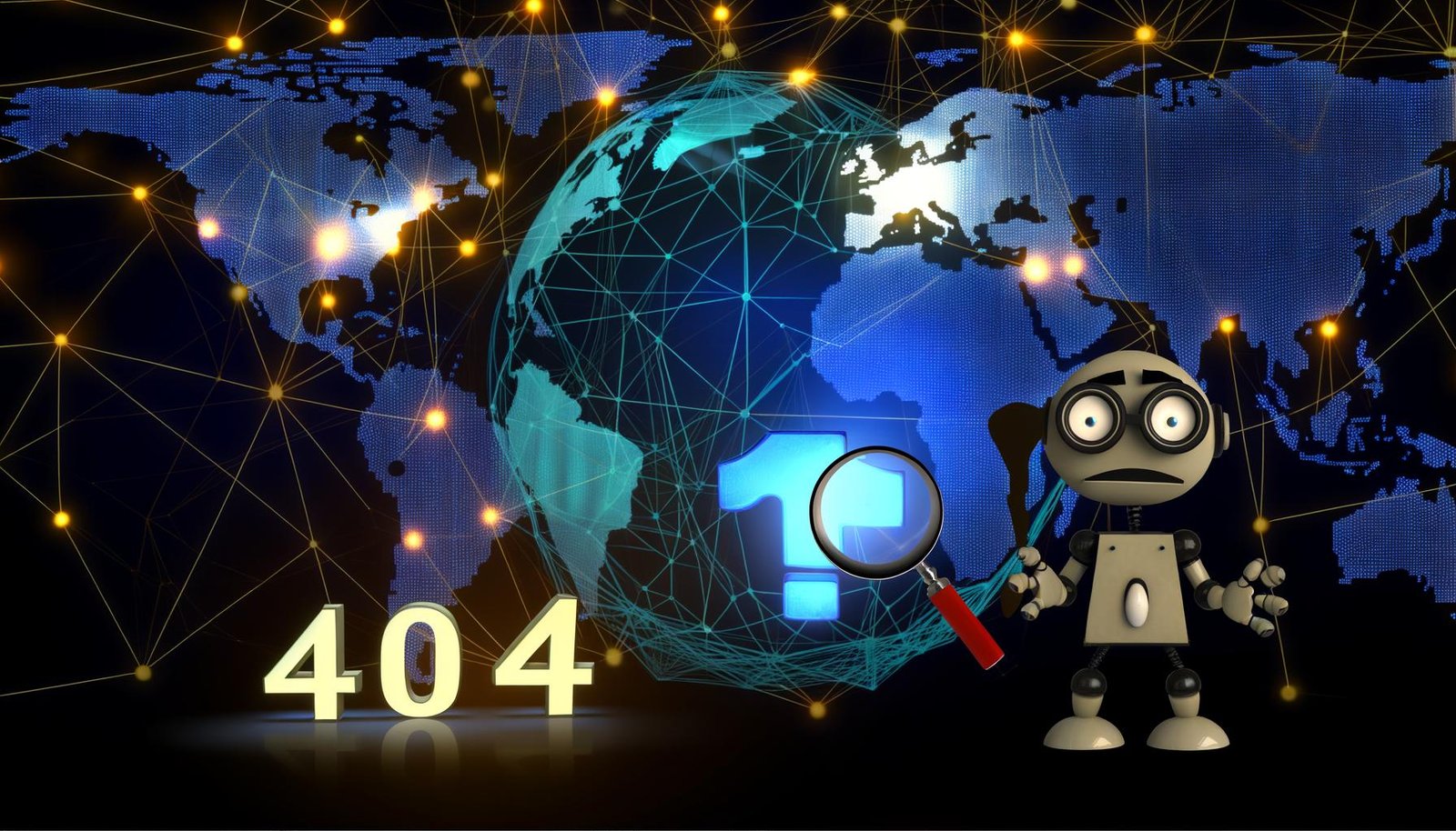 Abstrahierter Googlebot mit Lupe und Augenbrauen steht ratlos vor einem 404-Schild in einer dunklen, stilisierten Serverlandschaft mit global verteilten, leuchtenden Serverknoten und Lichtbahnen. Im Hintergrund sind Erdkontinente durch Netzwerk-Overlay sichtbar.