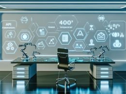 Ultramoderner Arbeitsplatz im Jahr 2030 mit transparenten Dashboards, KI-Hologrammen, Robotikarmen und effizienter, futuristischer Ausstattung.