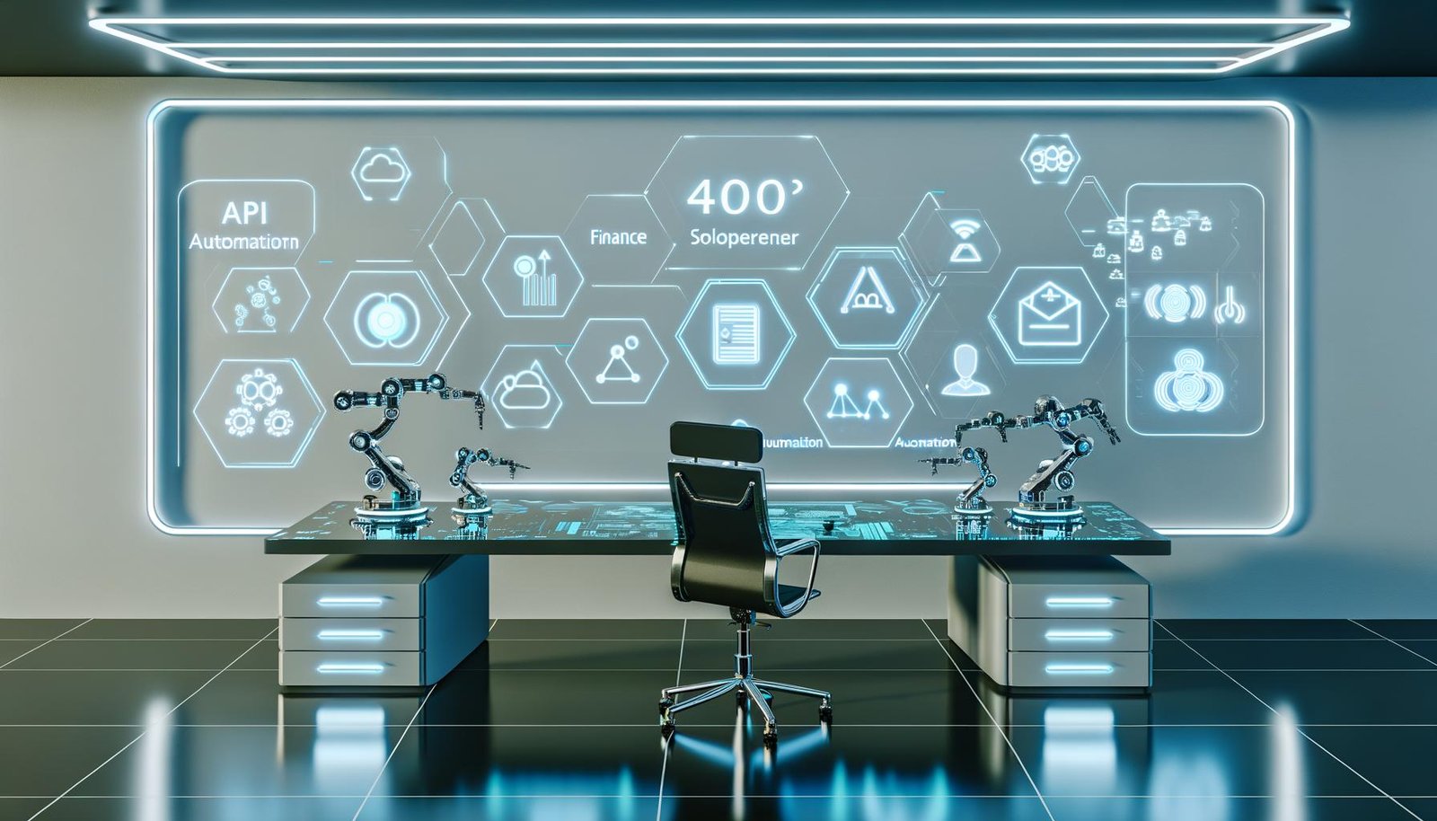 Ultramoderner Arbeitsplatz im Jahr 2030 mit transparenten Dashboards, KI-Hologrammen, Robotikarmen und effizienter, futuristischer Ausstattung.