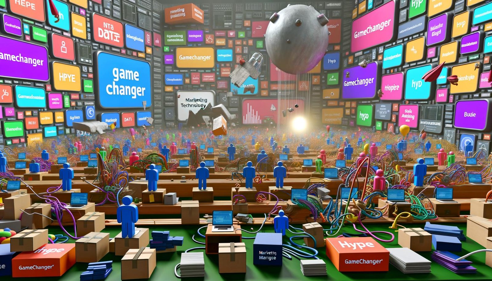 Überladene Marketer in einem Büro, umgeben von schwebenden Martech-Icons, chaotischen Kabeln, fragmentierten Daten und flackernden Dashboards, während ein verblasstes 'Gamechanger'-Schild und ein abflachender 'Hype'-Ballon zu sehen sind