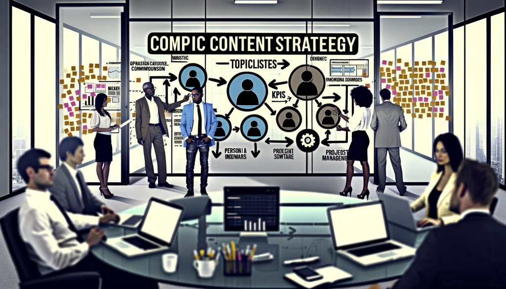 Marketing-Team brainstormt an großem Whiteboard mit visualisierter Content-Strategie, KPIs, Persona-Icons, Laptops, Projektmanagement-Software und Post-Its im modernen Büro