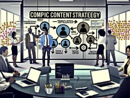 Marketing-Team brainstormt an großem Whiteboard mit visualisierter Content-Strategie, KPIs, Persona-Icons, Laptops, Projektmanagement-Software und Post-Its im modernen Büro