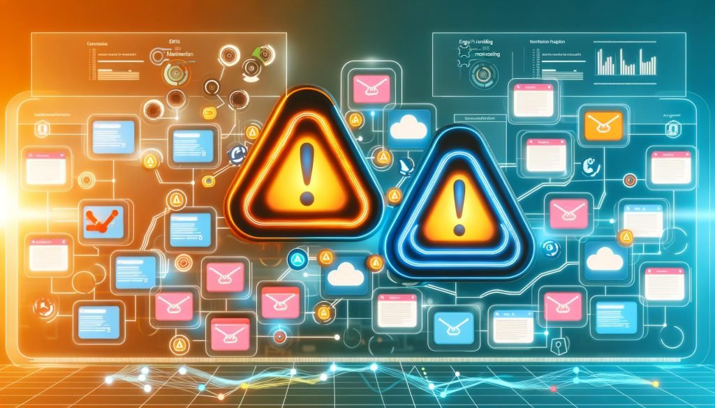 Illustration eines modernen Make.com Dashboards mit Automationsmodulen, markierten Fehlerpunkten, speziellen Error-Handling-Symbolen, Benachrichtigungsfenstern für E-Mail und Slack sowie Monitoring-Chart auf hellem Hintergrund.