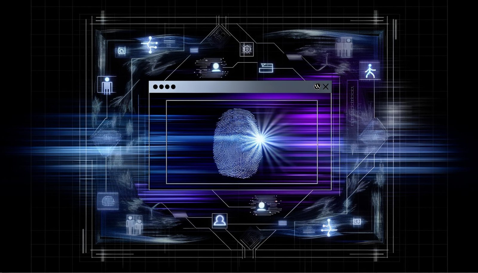 Futuristische Grafik eines Browser-Fingerprint-Workflows mit hervorgehobenen Datensignalen, digitalem Fingerabdruck und Konfrontation zwischen Marketing und Datenschutz.