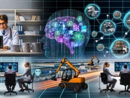 Dynamische Collage von Branchen der Zukunft mit KI: Ärzte mit KI-unterstützten MRT-Scans, Banker an Bildschirmen, Roboterarme und autonome Fahrzeuge in einer Fabrik, automatisierter Einzelhandel, Logistikzentrum mit intelligenten Flotten, Medienprofi mit KI-Content und KI-Symbolen im Hintergrund.